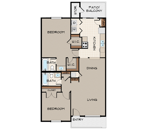 Floor plan for 2 beds, 2 baths, 985 sqft